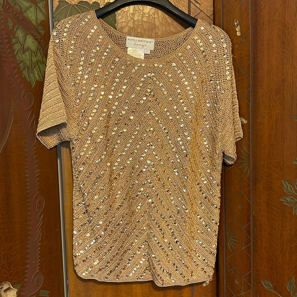 Papell Boutique Evening sequin top women’s large tan beige